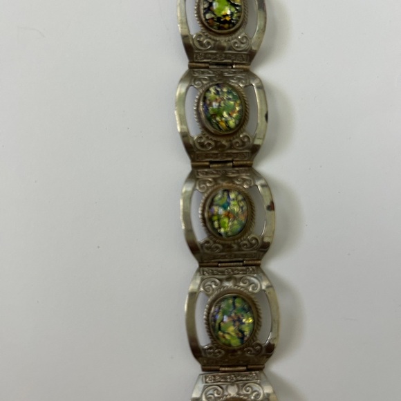 Vintage Hecho En Mexico Silver Bracelet with Green Faux Opal Abalone Inlays - Picture 2 of 7